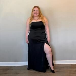 Azazie Wren Black Stretch Satin A-Line Strapless Bridesmaids Dress (Size 16)